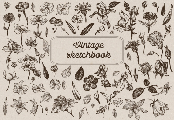 Скетчбук. Винтажный гербарий (формат А5, 128 стр, открытый корешок, бумага слоновая кость)