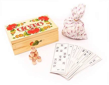 РУССКОЕ ЛОТО В ДЕРЕВЯННОМ РАСПИСНОМ СУНДУЧКЕ (КРАСНЫЕ ЦВЕТЫ) (Арт. ИН-3551)