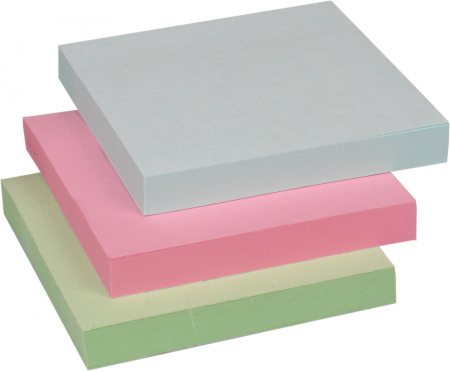 Блок для записей с липким слоем цветной (3 пастельных цвета) 76*76мм, 100 листов, в индивидуальной упаковке с европодвесом.