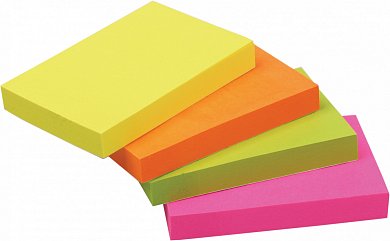 Блок для записей с липким слоем неоновый цветной (4 цвета) 51*76мм, 100 листов, в индивидуальной упаковке с европодвесом.