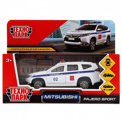 Машина металл "mitsubishi pajero sport полиция" 12см, инерц., белый в кор. Технопарк в кор.2*36шт